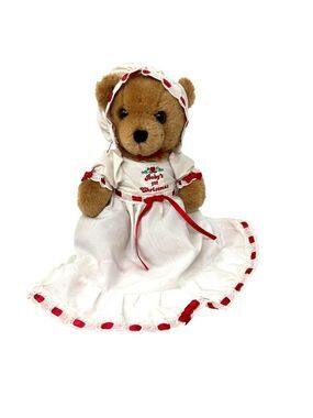 Vintage 1st Christmas Teddy Bear By Dakin 1983 White Red Dress Bonnet Babys